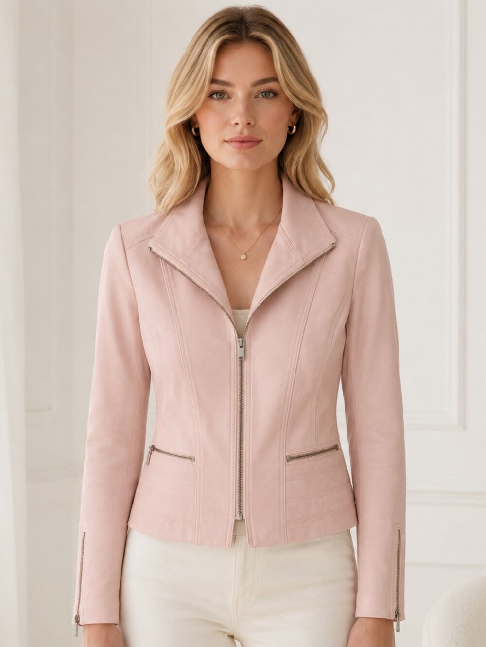 Blush Pink Moto Jacket | Feminine Tailored Zip Jacket Quiet Luxury